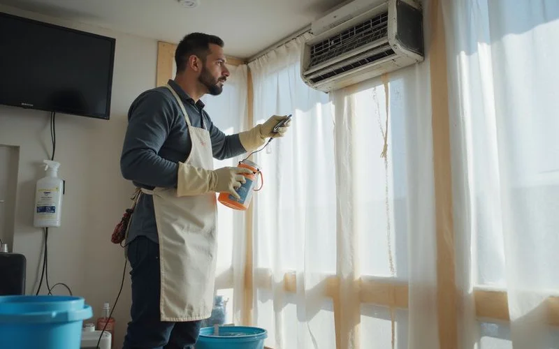 A technician in a Malaysian home dismantling an indoor aircon unit's coil and blower fan for a chemical wash, cleaning supplies laid out on a plastic sheet
