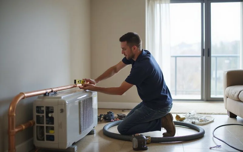 Two technicians running copper piping between an indoor wall-mounted aircon unit and the outdoor condenser during an installation in a Malaysian home