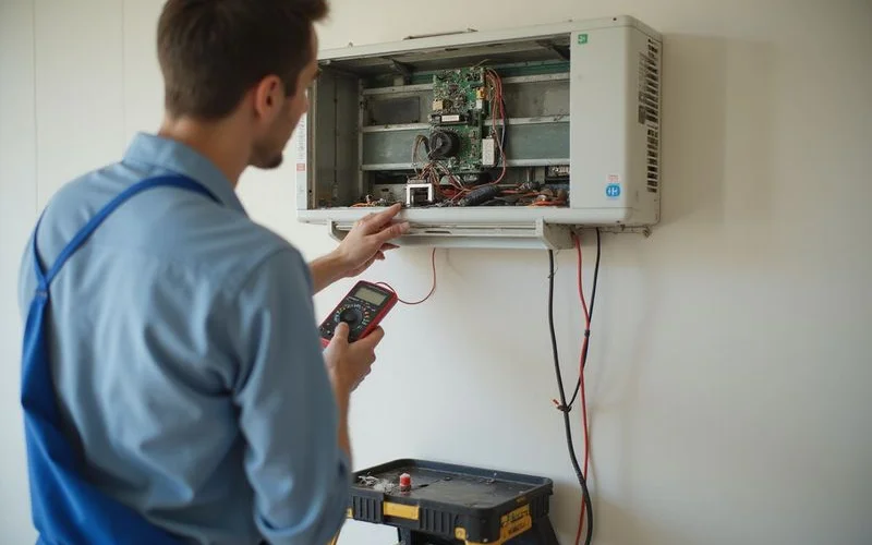 A technician using a pressure gauge to test refrigerant levels on an outdoor aircon condenser unit at a home in Malaysia