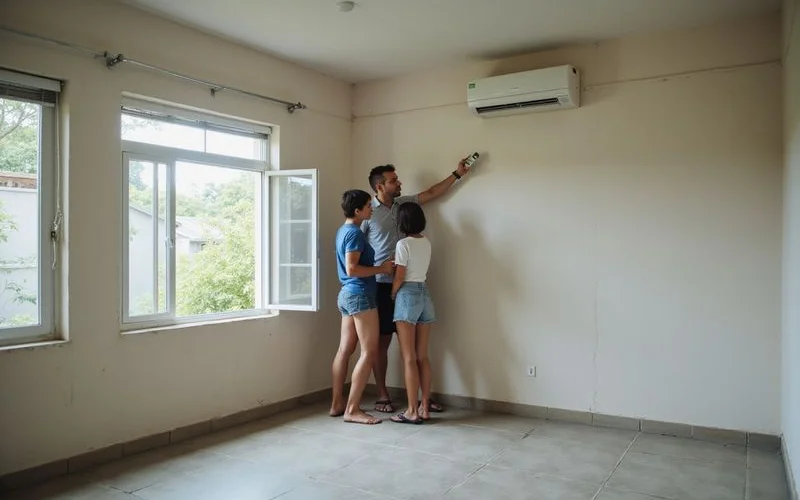 A prospective buyer checking an aircon remote control display while a wall-mounted unit runs during a home viewing in Malaysia
