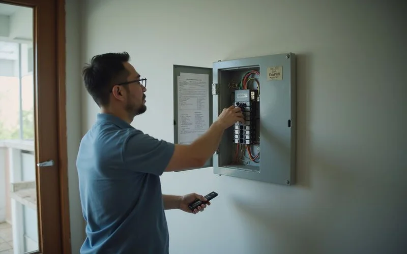 A person checking a home's circuit breaker panel after an aircon unit stopped working, with the unit visible in the background