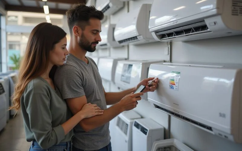 A family looking at aircon unit options with a salesperson in a Malaysian appliance showroom, comparing capacity labels on display units