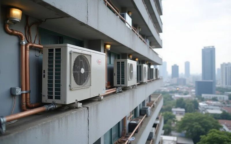The exterior of a Malaysian condominium building showing rows of outdoor aircon condenser units mounted on designated ledges