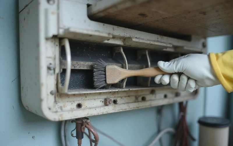 Close-up of a dirty aircon coil showing visible dust and mould buildup before a chemical wash, with a clean section shown for comparison