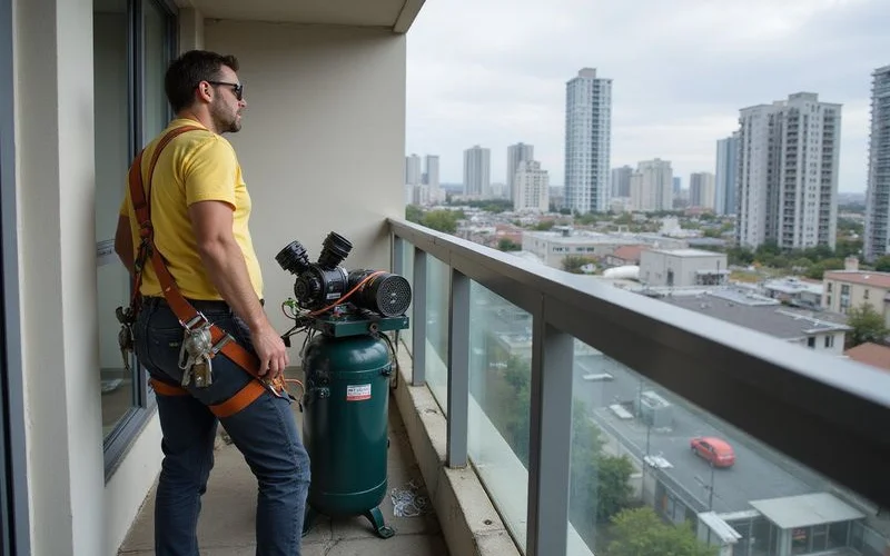 A technician working on an outdoor aircon unit mounted on a high-rise condo balcony ledge in Malaysia, safety harness visible