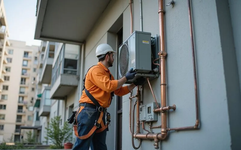 An installer mounting an outdoor aircon condenser unit on an exterior wall bracket at a Malaysian home, copper piping visible running to the wall