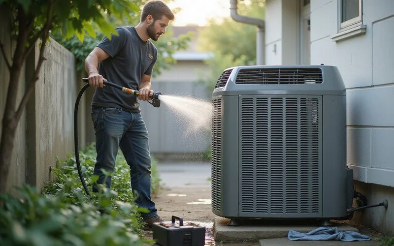 An outdoor aircon condenser unit being cleared of leaves and dust ahead of Malaysia's hot season, with a technician checking the fins