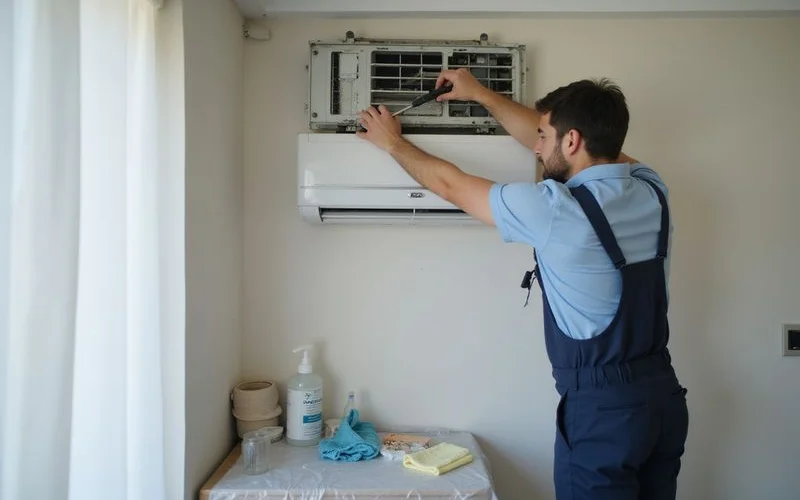 A technician reassembling an indoor aircon unit's front panel after a chemical wash, tools laid out neatly on a cloth beside the ladder