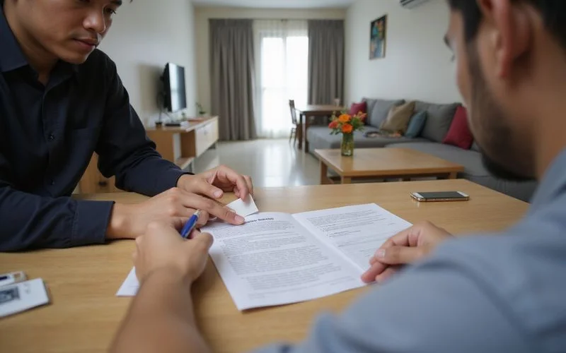 A tenant and landlord reviewing a tenancy agreement document together at a table, pointing at a clause about fixtures and maintenance responsibility