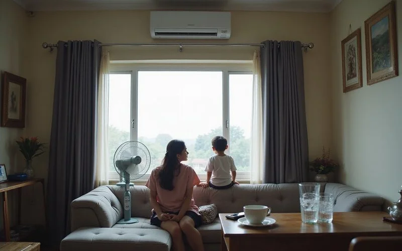 A family sitting in a cooler, shaded living room with curtains drawn and a fan running while waiting for an aircon repair technician